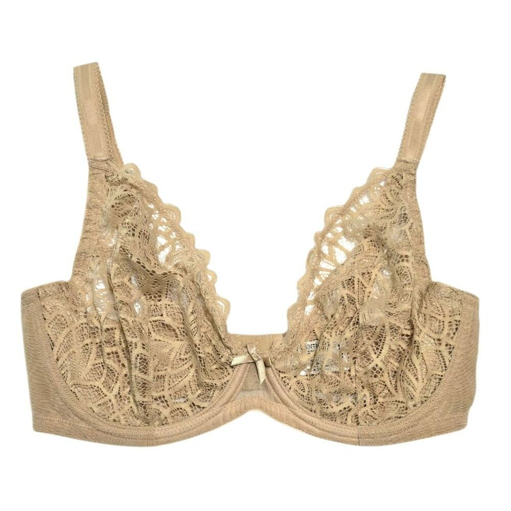 Glamorise Lace Underwire Bra 34DD Beige Nude Sheer Floral Lingerie Wonderwire